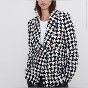Zara Houndstooth Blazer Tweed Black And White Double Breasted